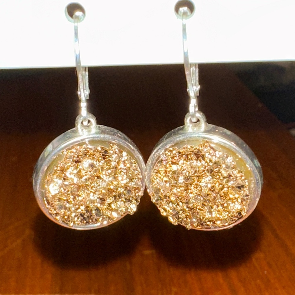 Vtg Joan Rivers Classics Collection Metallic Gold Druzy Round Dangle Earrings
